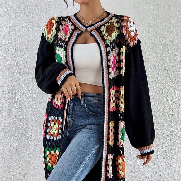 . Sweaters - Black Casual Womens Geo Pattern Drop Shoulder Open Front Cardigan